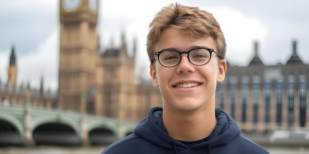 Photo teenage boy in front of big ben studying abroad in england concept travel study abroad big ben england teenager