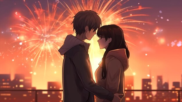 Teenage Boy and Girl Kiss Under a Firework Anime Style