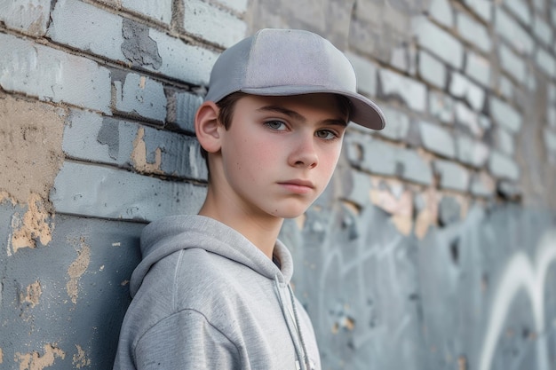 Photo teenage boy in gray cap candid for street fashion shoot