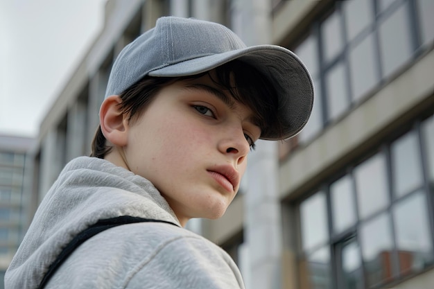 Photo teenage boy in gray cap candid for street fashion shoot