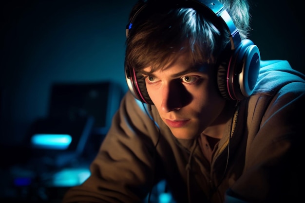 Teenage boy playing online games on computer with headphones