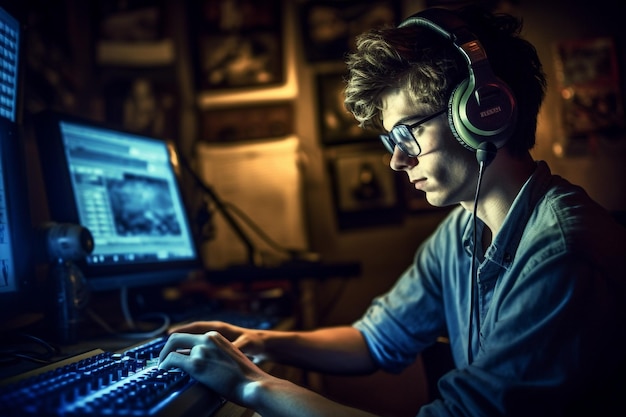 Teenage boy playing online games on computer with headphones