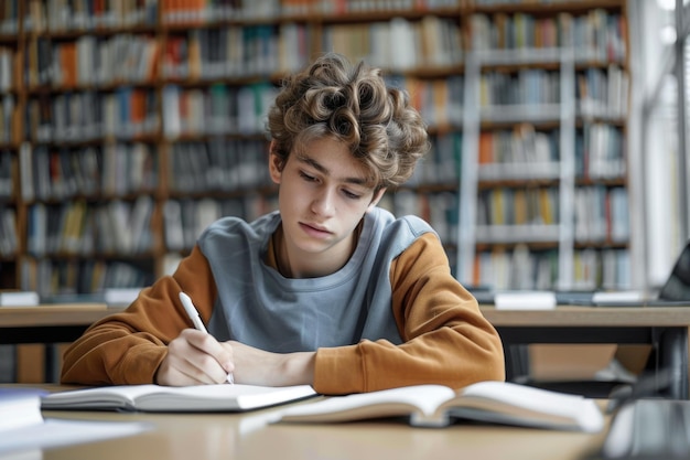 TEENAGE BOY SITTING AT THE DESK in the library WRITING homework ai generated