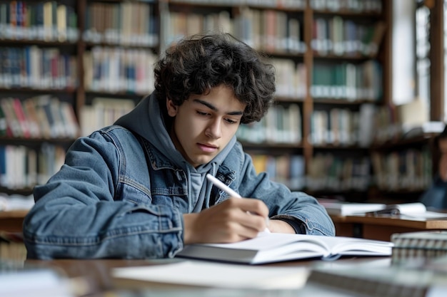 TEENAGE BOY SITTING AT THE DESK in the library WRITING homework ai generated