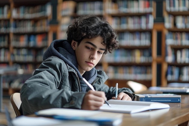 TEENAGE BOY SITTING AT THE DESK in the library WRITING homework ai generated