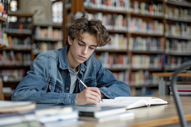 TEENAGE BOY SITTING AT THE DESK in the library WRITING homework ai generated