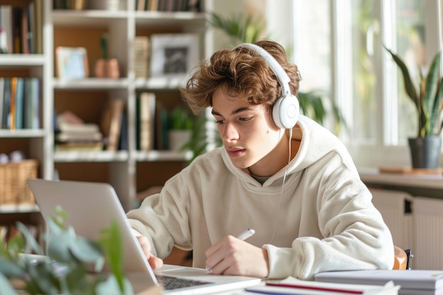 teenage boy sitting at the study desk writing homework ai generated