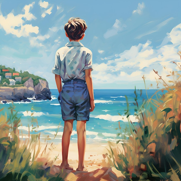 A teenage boy stands with his back to us on the seashore illustration AI generation