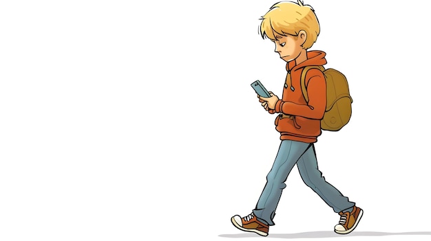 Teenage Boy Using Smartphone While Walking on Street