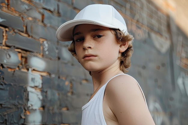 Photo teenage boy in white snapback cap and tank top street fashion shoot