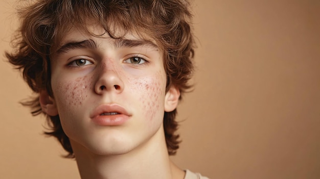 Photo teenage boy with acne problem on beige background