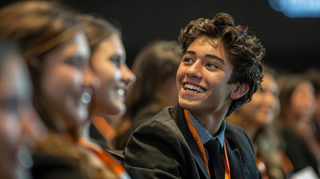 Photo a teenage boy with a joyful smile engaging with peers at an interactive youth leadership conference