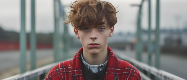 A teenage boy with a red plaid jacket