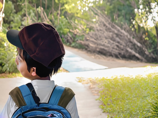 A teenage boy with a school bag going home and back to school