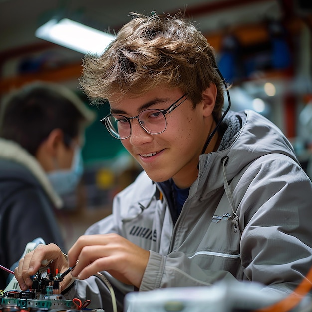 Photo teenage european male students in electrical engineering class