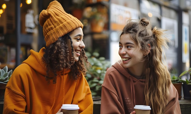 teenage friends hanging out and talking after getting coffee