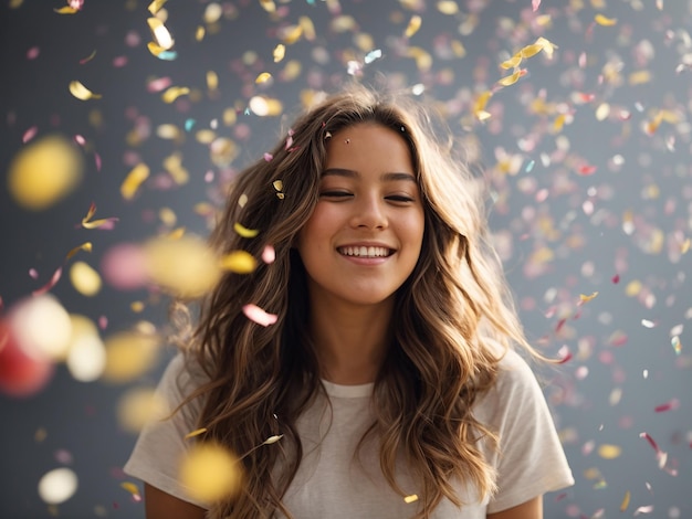 Photo teenage girl blowing confetti from hand capturing the moment of celebration