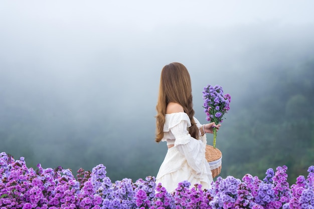 teenage girl in a garden of flowers,Young happy asian girl in Margaret Aster flowers field in garde