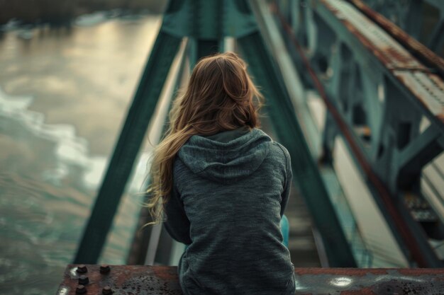 Photo a teenage girl in a hoodie contemplatively looking into the distance sitting on a bridge