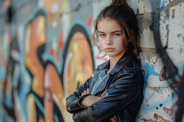 Photo teenage girl in leather jacket with graffiti