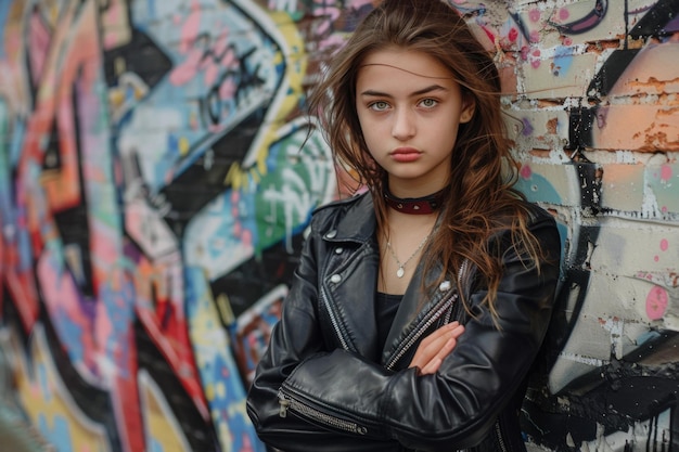 Photo teenage girl in leather jacket with graffiti