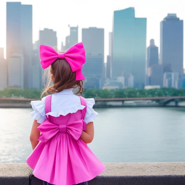 Teenage girl looking at the city on the riverbed