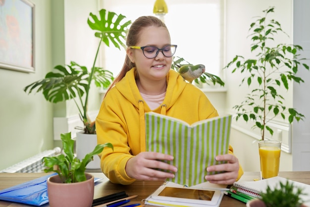 Teenage girl and pet green quaker parrot on the shoulder