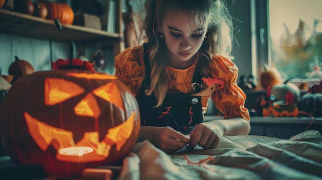 Photo teenage girl sewing halloween costume in high quality image with deep focus ample text space