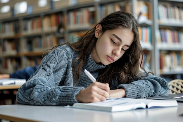 TEENAGE girl SITTING AT THE DESK in the library WRITING homework ai generated