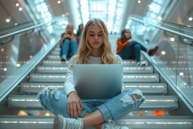 teenage girl sitting on the modern glass stairway in college using laptop ai generated