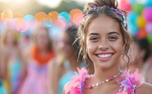 Teenage Girl Smiling at Outdoor Summer Party with Colorful Decor and Friends