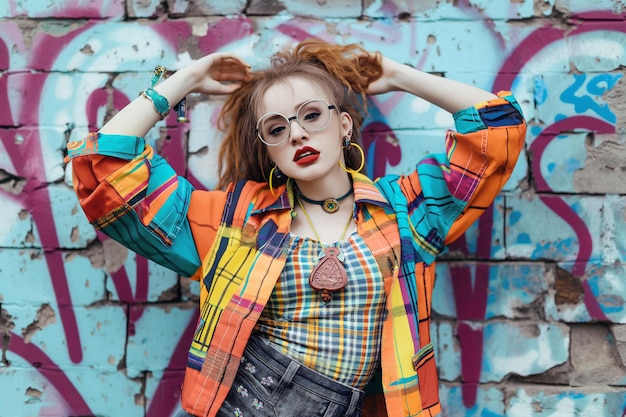 Photo teenage girl in a trendy vibrant outfit with quirky accessories posing playfully against a graffiticovered wall capturing urban youth fashion