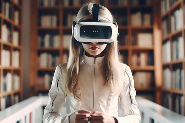 Teenage girl using virtual reality headset Generative AI