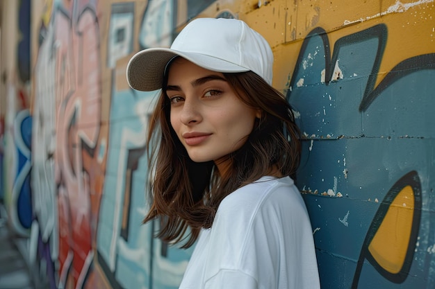 Photo teenage girl in white snapback cap street fashion shoot