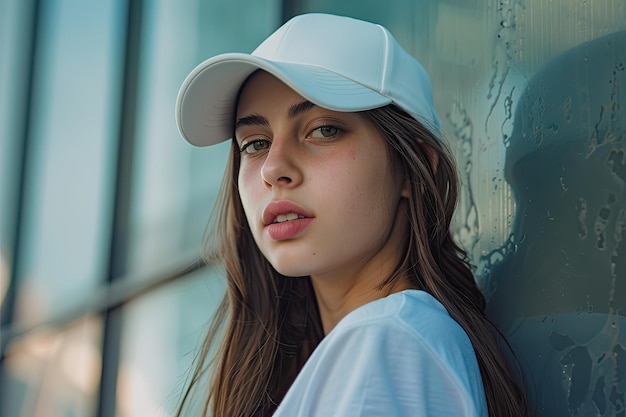 Photo teenage girl in white snapback cap street fashion shoot