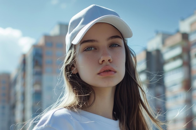 Photo teenage girl in white snapback cap street fashion shoot