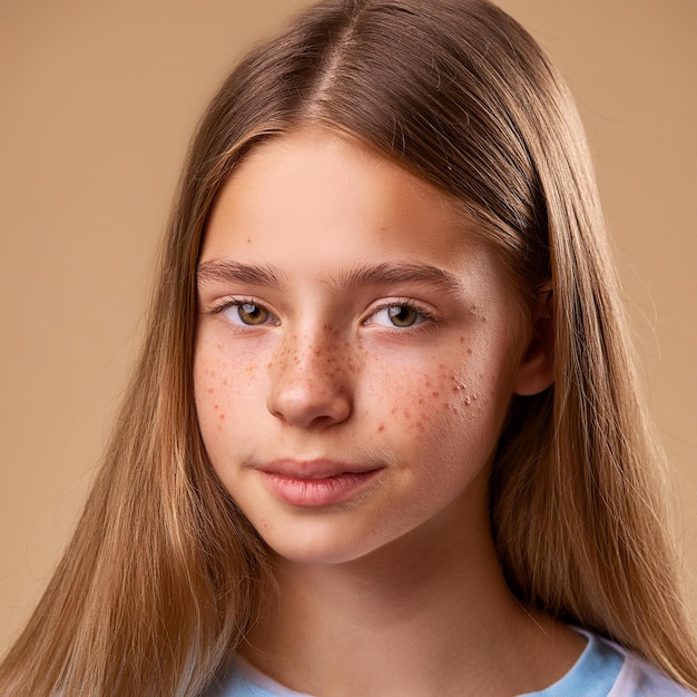 Photo teenage girl with acne problem on beige background closeup golden hair blue tshirt