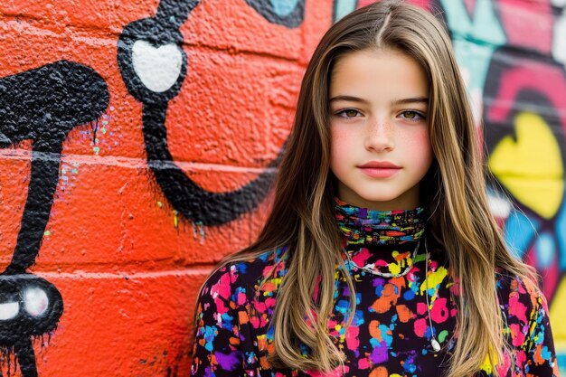 Photo a teenage girl with long hair confidently poses in front of a vibrant mural wearing a colorful outfit that complements the vivid surroundings her expression radiates youthful energy and charm