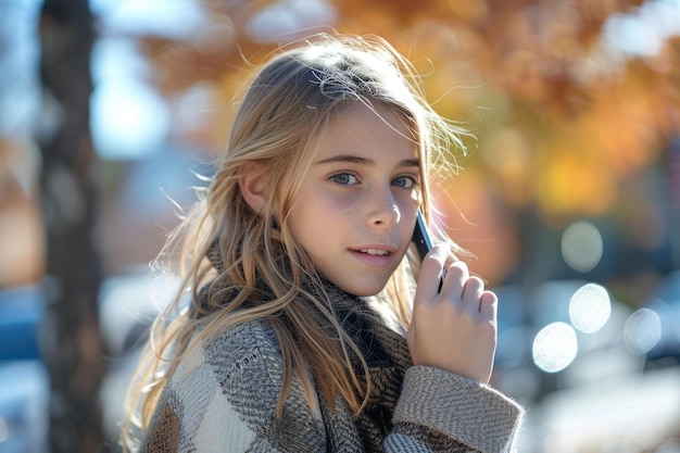 A teenage girl with loose hair talks on a mobile phone on the street and smiles