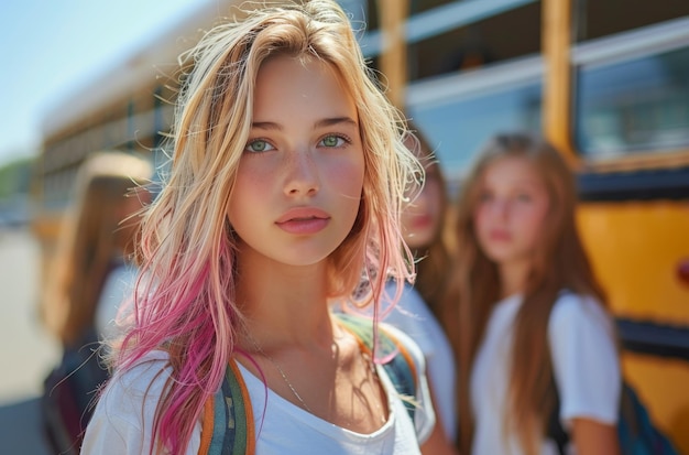 Photo teenage girl with pink hair near school bus