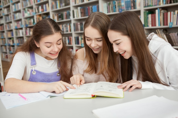 Teenage girls studying together at the library