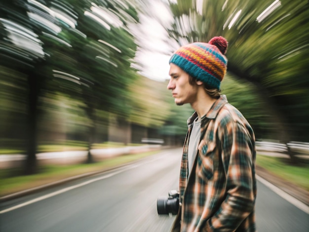 Teenage photographer with Camera on Serene TreeLined Road Wearing Colorful Beanie