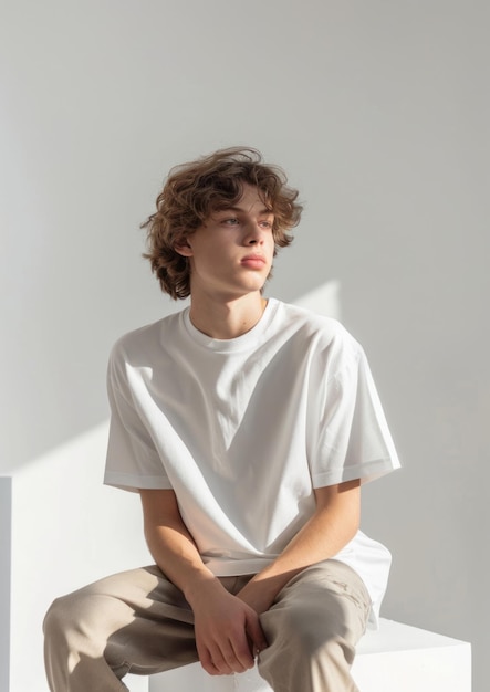 Teenage wearing white t shirt mockup clothing apparel sitting