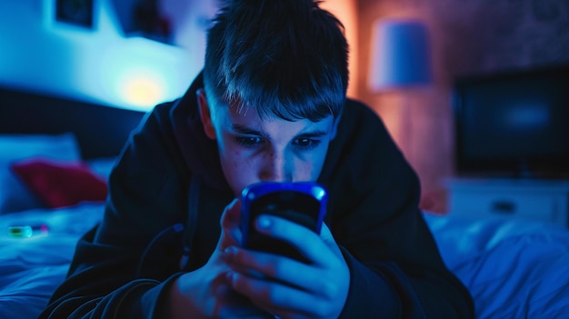 Teenager boy on phone in dark bedroom Side effects