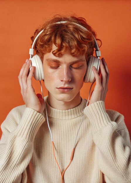 Teenager boy with headphones listening to music orange background