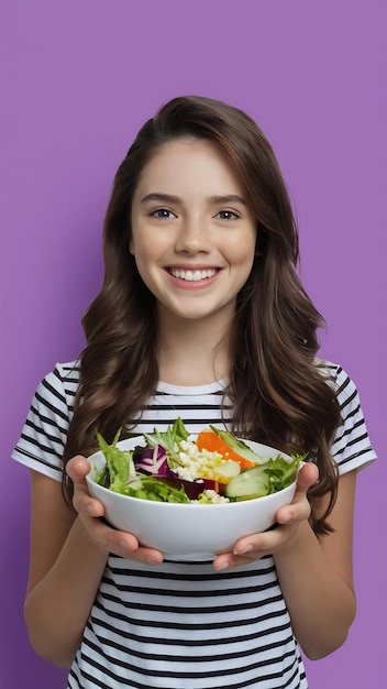 Teenager brazilian girl holding a salad over isolated purple background