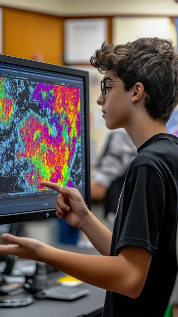 Photo teenager demonstrating computer program project