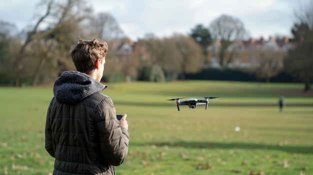 Teenager flying a drone with a remote control in a suburban park