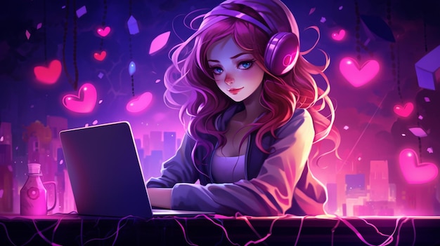 A teenager girl wearing headphones working on a laptop in a room with neon lights lofi background