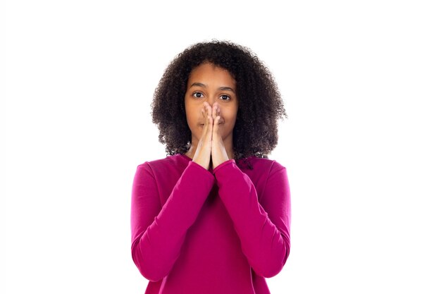 Teenager girl with afro hair wearing pink sweater isolated  